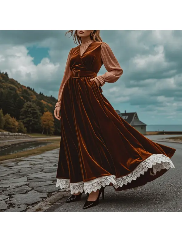 Women's Elegant Velvet Patchwork Lace Hem Long Dresses - Ootdmw.com 