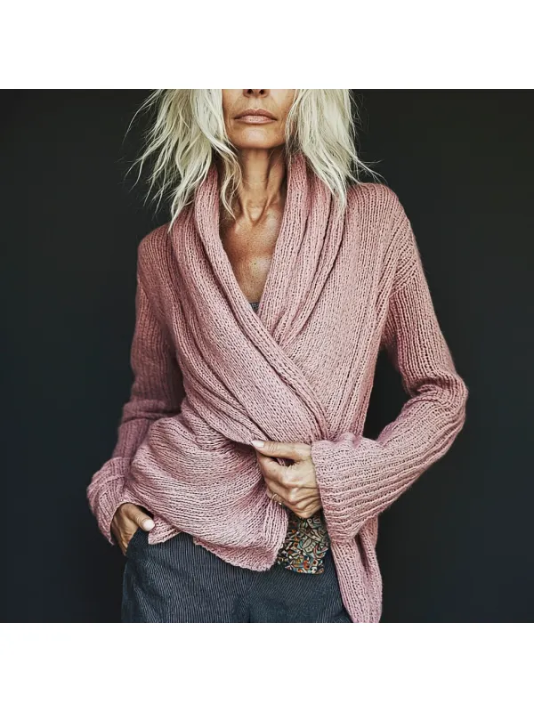 Women's Knitted Solid Color V-neck Elegant Sweater - Ootdmw.com 