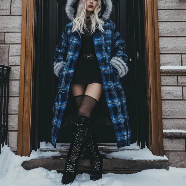 Women's Velvet Retro Plaid Autumn And Winter Hooded Fur Collar Warm Long Coat - Zivinfo.com 