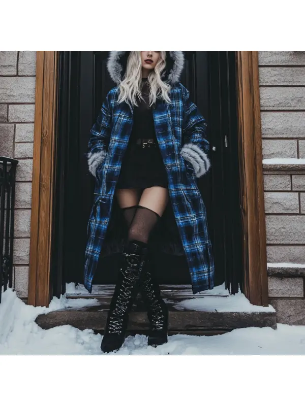 Women's Velvet Retro Plaid Autumn And Winter Hooded Fur Collar Warm Long Coat - Ootdmw.com 