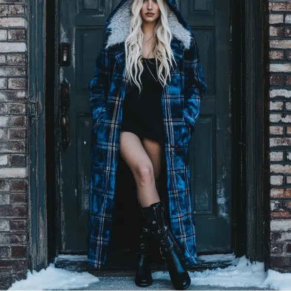 Women's Velvet Retro Plaid Autumn And Winter Hooded Fur Collar Warm Coat - Zivinfo.com 