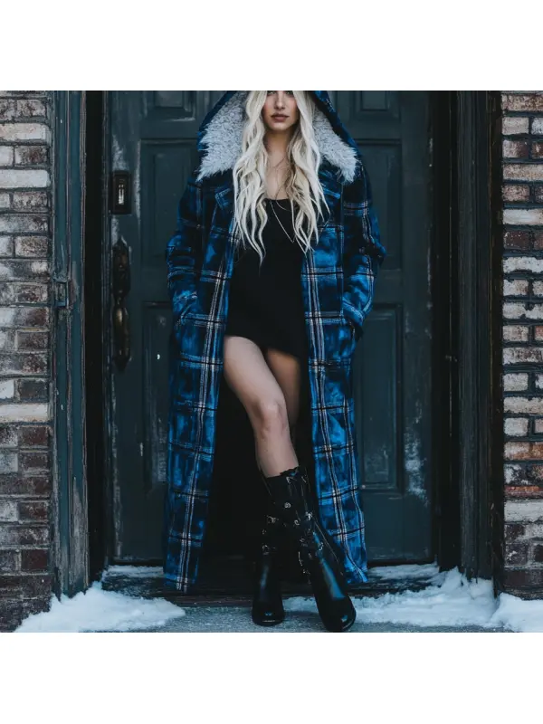 Women's Velvet Retro Plaid Autumn And Winter Hooded Fur Collar Warm Coat - Ootdmw.com 