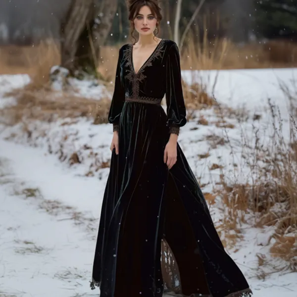 Elegant Velvet Lace Stitching Long Sleeve Dress - Ootdyouth.com 