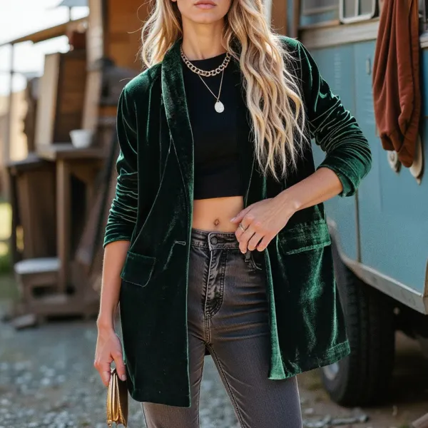 Women's Gold Velvet Elastic Pocket Long Sleeve Jacket - Zivinfo.com 