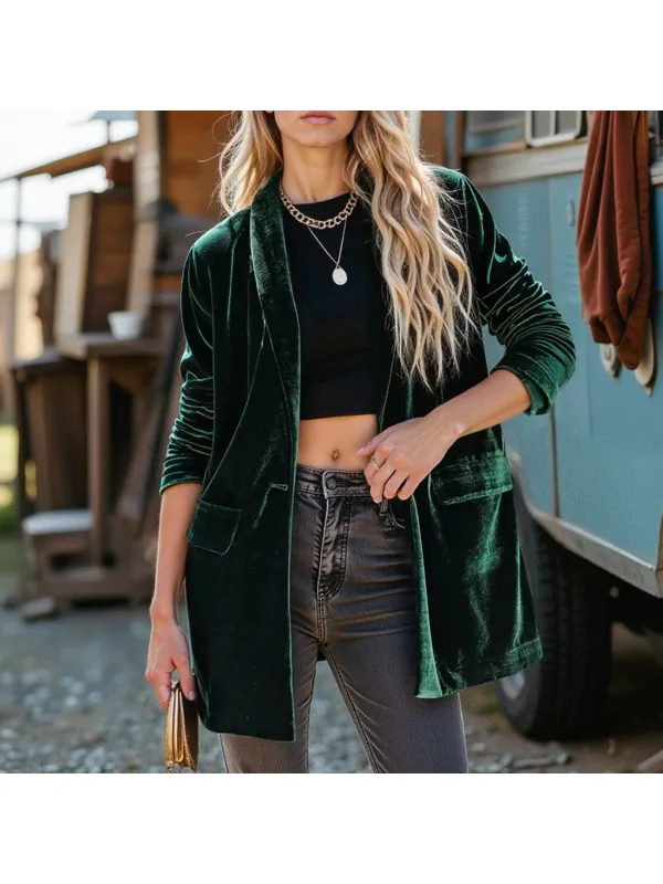 Women's Gold Velvet Elastic Pocket Long Sleeve Jacket - Wearmw.chimpone.com 