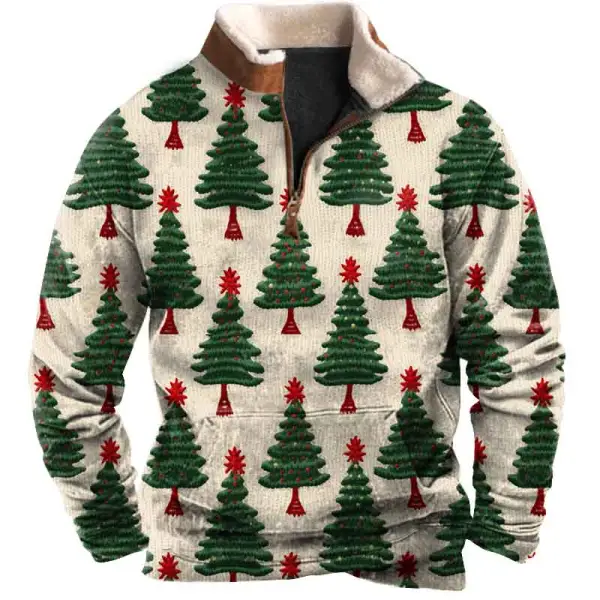 Men's Vintage Christmas Tree Print Fleece Collar Quarter Zip Stand Collar Sweatshirt Only $32.99 - Cotosen.com 