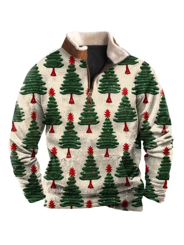 Men's Vintage Christmas Tree Print Fleece Collar Quarter Zip Stand Collar Sweatshirt - Ootdmw.com 