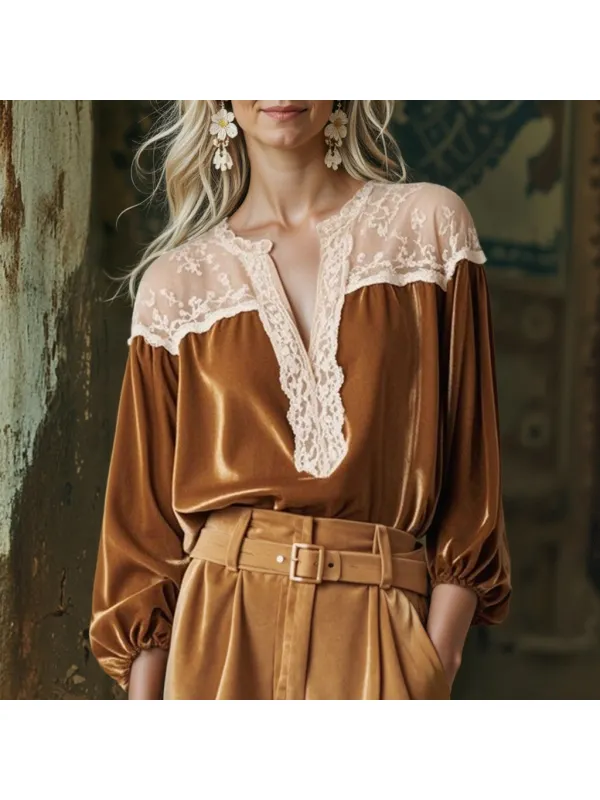 Brown V-neck Lace Stitching Velvet Long-sleeved Shirt For Women - Ootdmw.com 