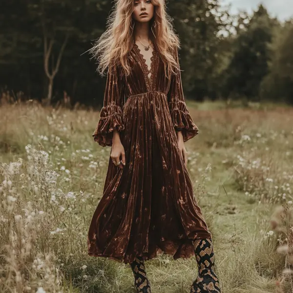 Women's Velvet Vintage Bohemian Dress - Ootdyouth.com 