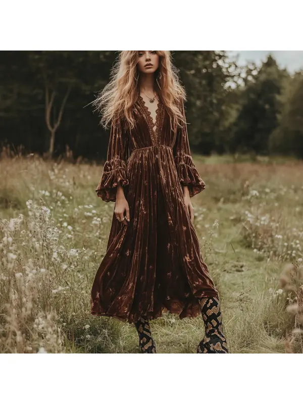 Women's Velvet Vintage Bohemian Dress - Anrider.com 