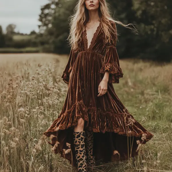 Women's Velvet Vintage Bohemian Dress - Ootdyouth.com 