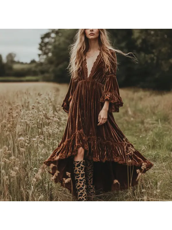 Women's Velvet Vintage Bohemian Dress - Anrider.com 