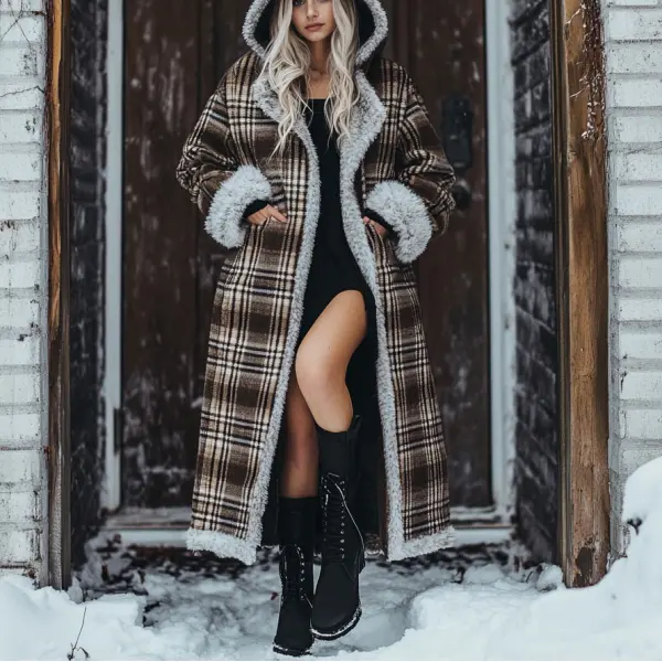 Women's Velvet Retro Plaid Autumn And Winter Hooded Fur Collar Warm Long Coat - Ootdyouth.com 