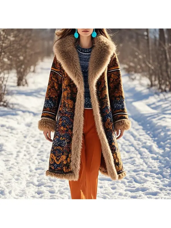 Women's Vintage Printed Warm Raw Edge Coat - Shopyiyistories.com 