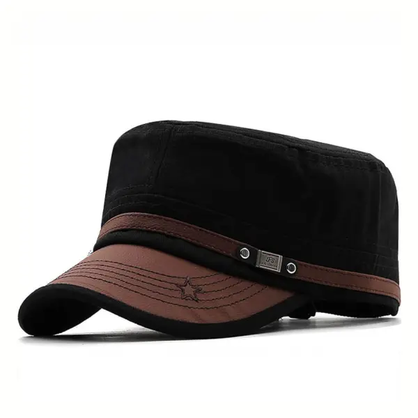 Men's Flat-top Leather Peaked Cap Military Cap Casual Sun Hat - Ootdyouth.com 
