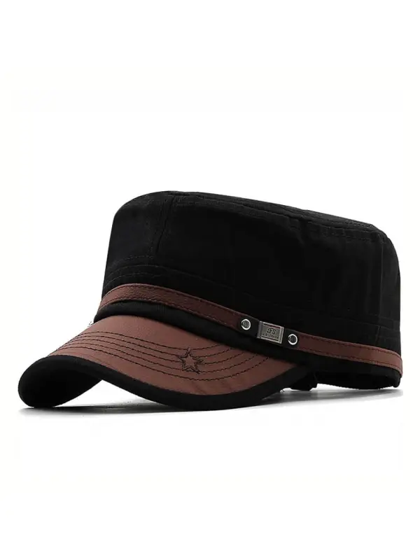 Men's Flat-top Leather Peaked Cap Military Cap Casual Sun Hat - Wearmw.chimpone.com 