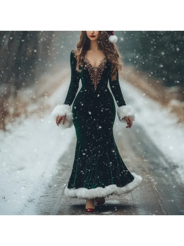 Women's Velvet Fur Colla Dress Christmas Dress - Cominbuyshop.com 