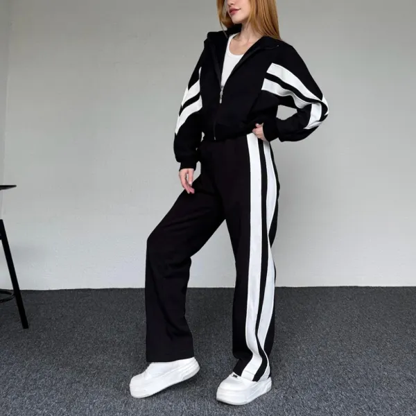 Oversized Casual Zip-Up Cardigan And Sweatpants Set - Ootdyouth.com 