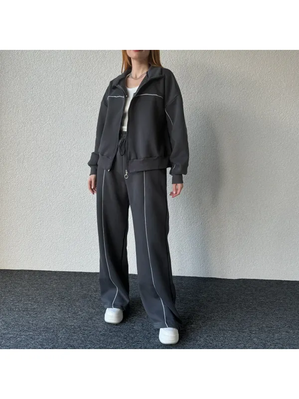 Casual Zip-Up Cardigan And Sweatpants Set - Ootdmw.com 
