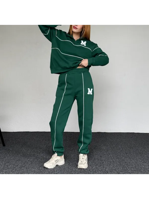 Varsity Relaxed Zip-Neck Sweatshirt And Sweatpants Set - Ootdmw.com 