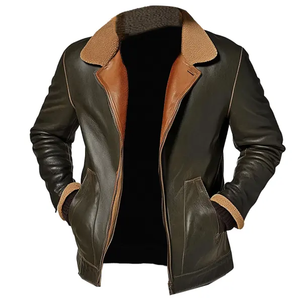 Men's Vintage PU Leather Patchwork Lamb Fleece Multi-Pocket Reverse Collar Outdoor Jacket - Zivinfo.com 