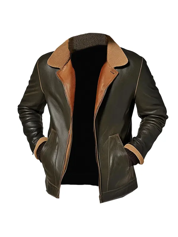 Men's Vintage PU Leather Patchwork Lamb Fleece Multi-Pocket Reverse Collar Outdoor Jacket - Anrider.com 