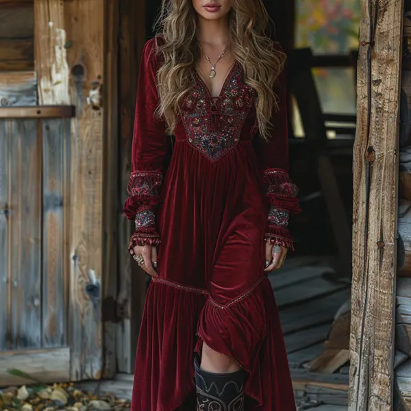 Western Retro Velvet Design Long Skirt - Faciway.com 