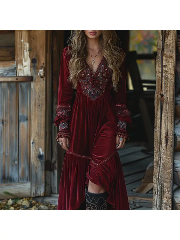 Western Retro Velvet Design Long Skirt - Cominbuy.com 