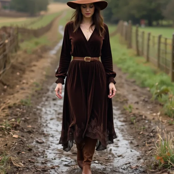 Ginger Women's Western Retro Velvet Lace Splicing Dress - Ootdyouth.com 