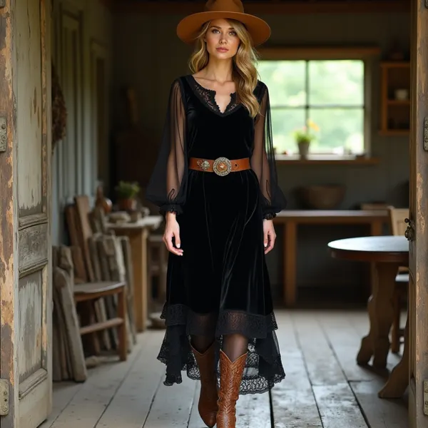 Ginger Women's Western Retro Velvet Lace Splicing Dress - Ootdyouth.com 