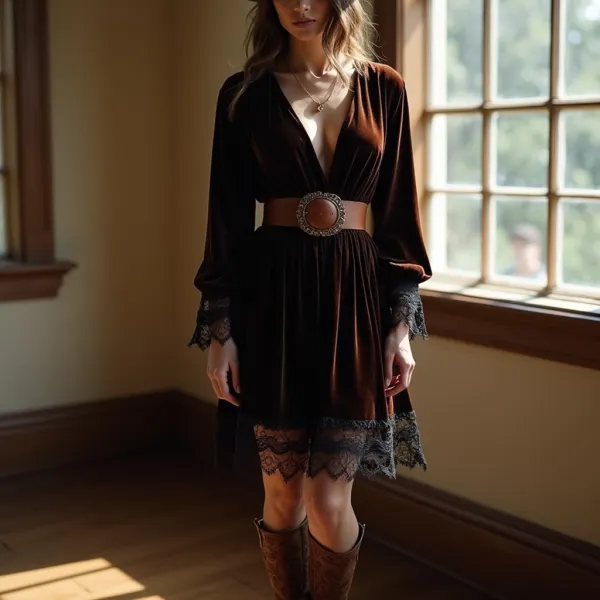 Women's Vintage Velvet Lace Dress - Ootdyouth.com 