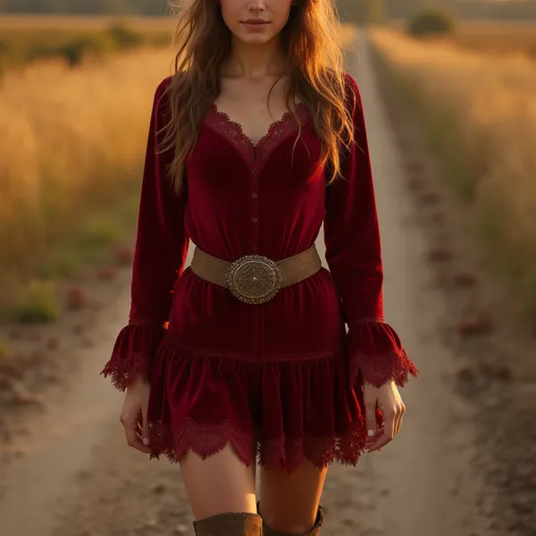 Women's Vintage Western Style Velvet Long Sleeve Dress - Ootdyouth.com 