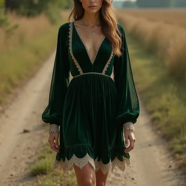 Women's Vintage Western Style Velvet Long Sleeve Dress - Ootdyouth.com 