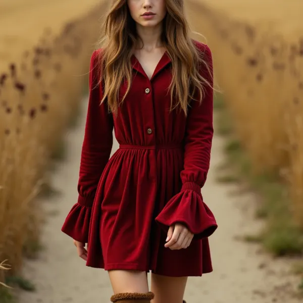Women's Velvet Long Sleeve Vintage Dress - Ootdyouth.com 