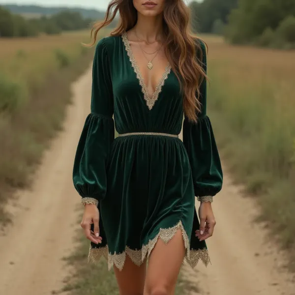Women's Vintage Western Style Velvet Long Sleeve Dress - Ootdyouth.com 