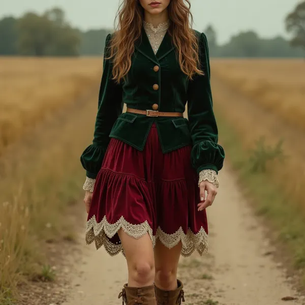 Women's Western Style Velvet Long Sleeve Vintage Dress Set - Ootdyouth.com 
