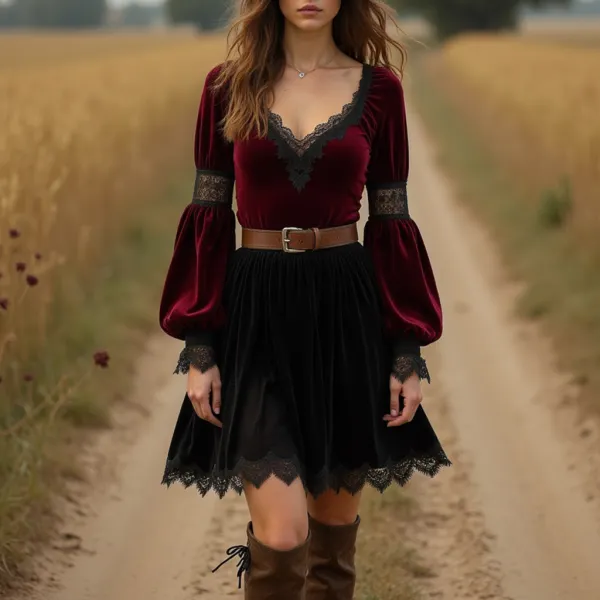 Women's Vintage Western Style Velvet Long Sleeve Dress - Ootdyouth.com 