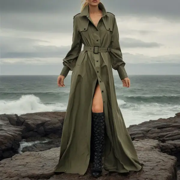 Women's Spring And Summer Fashion Casual Retro Long Solid Color Pocket Windbreaker - Ootdyouth.com 