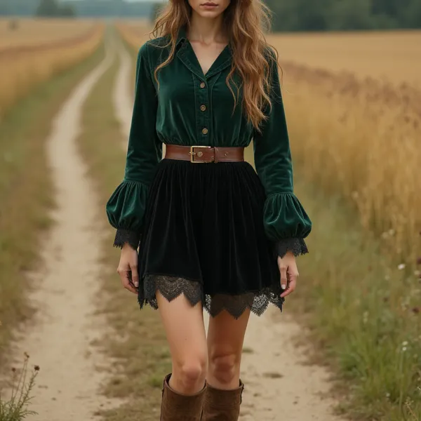Women's Vintage Western Style Velvet Long Sleeve Dress - Ootdyouth.com 