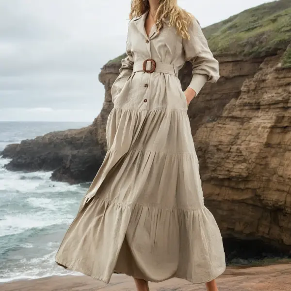 Women's Spring And Summer Fashion Casual Retro Long Solid Color Dress - Ootdyouth.com 