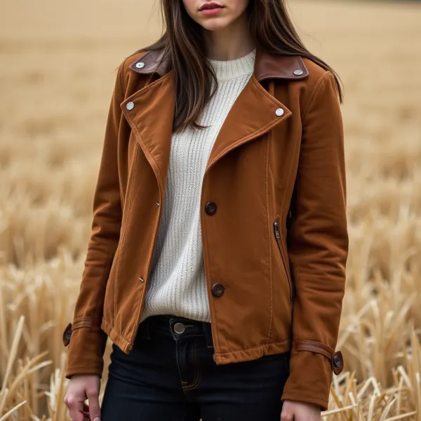 Women's Vintage Suede Colorblock Lapel Collar Jacket - Spiretime.com 