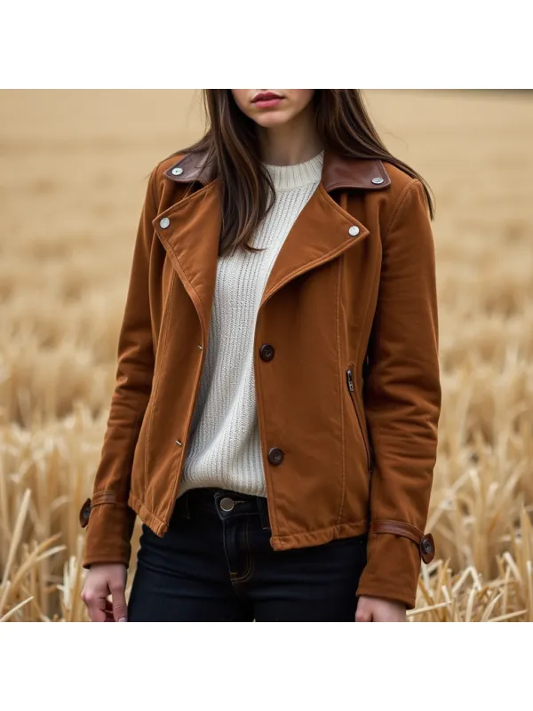 Women's Vintage Suede Colorblock Lapel Collar Jacket - Ootdmw.com 
