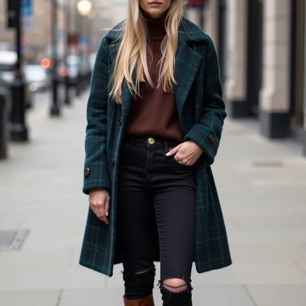 Women's Wool Plaid Mid-Length Lapel Vintage Jacket Coat - Spiretime.com 