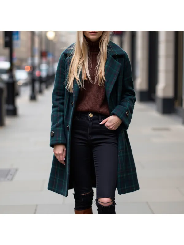 Women's Wool Plaid Mid-Length Lapel Vintage Jacket Coat - Ootdmw.com 