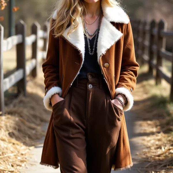 Women's Vintage Suede Casual Woolden Lapel Collar Jacket Coat - Ootdyouth.com 