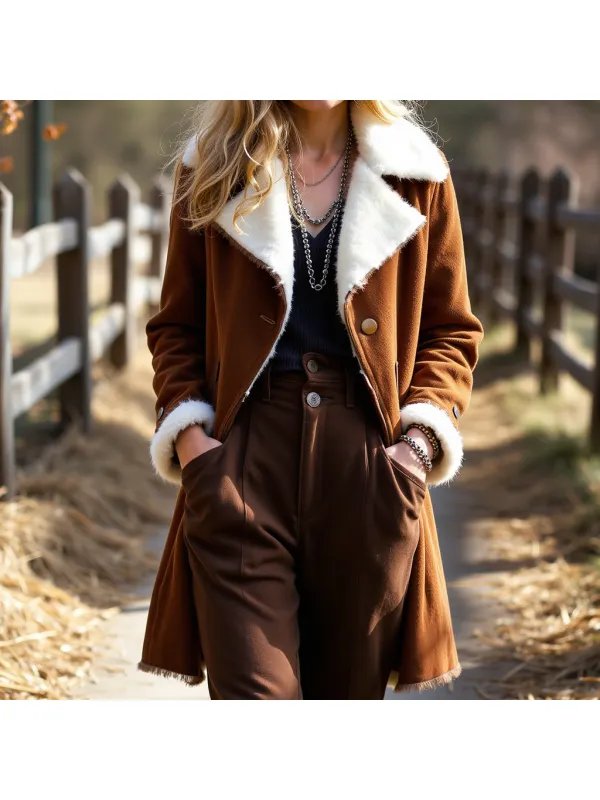 Women's Vintage Suede Casual Woolden Lapel Collar Jacket Coat - Ootdmw.com 