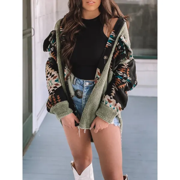 Women's Aztec Geometric Print Panel Fleece Jacket - Spiretime.com 