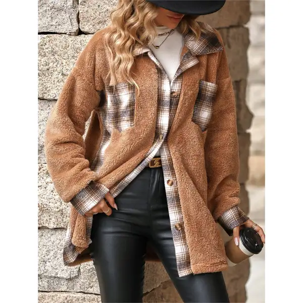 Women's Plaid Patchwork Fleece Pocket Buttoned Mid-length Lapel Jacket - Spiretime.com 