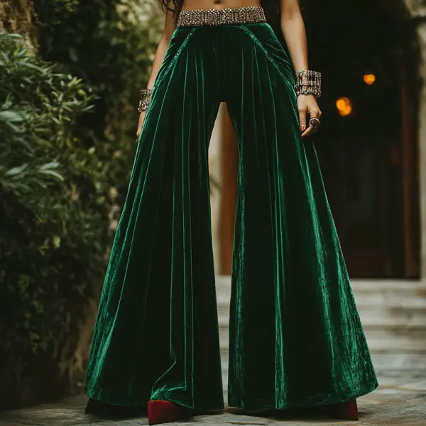 Women's Velvet Elegant Pleated Wide Leg Pants - Ootdyouth.com 