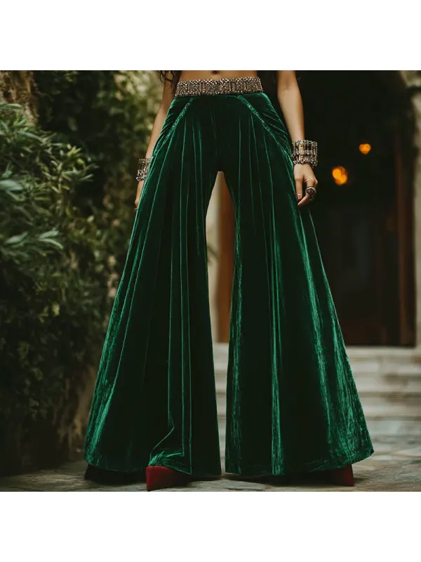 Women's Velvet Elegant Pleated Wide Leg Pants - Anrider.com 